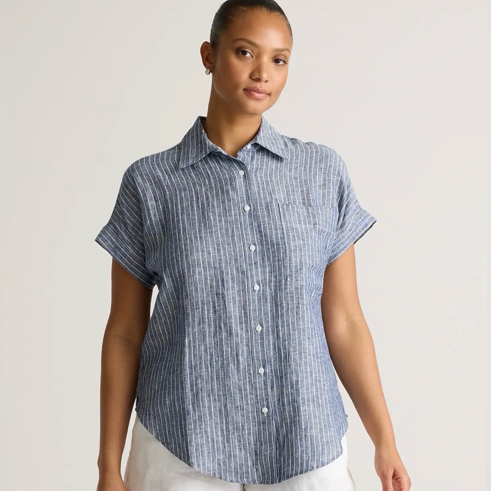 Quince 100% European Linen Camp Shirt Chambray Stripe Blue Medium M Denim